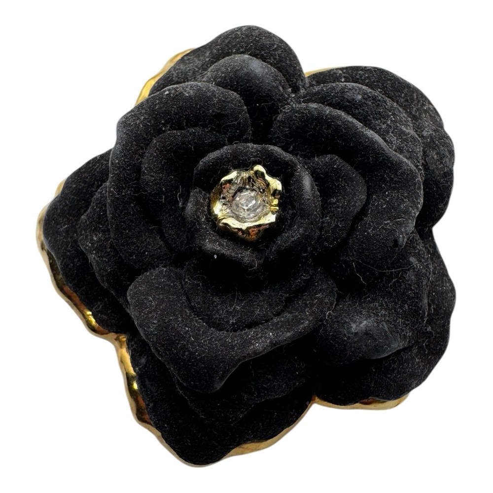Vintage Black Velvet Rose Brooch Gold Tone Rhinestone Flower Pin 2”